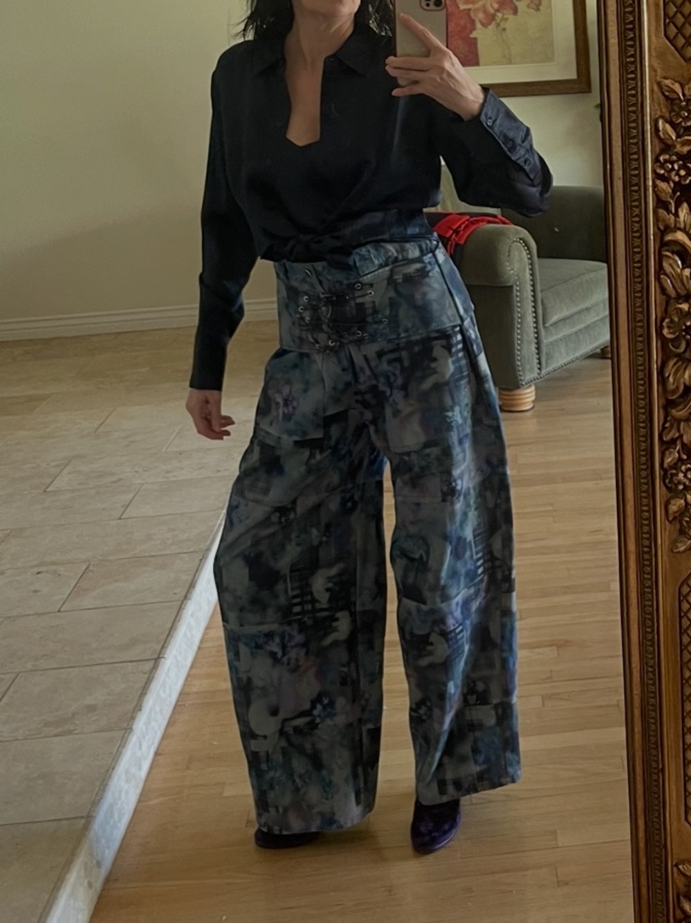 Designer: COLLINA STRADA Navy Garden Blur Bungee Avant Garde Pants Sz M 2 or 4 - Picture 3 of 11